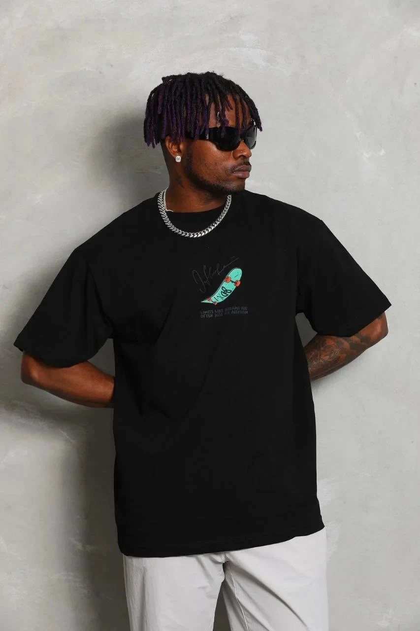 Men's Black Oversize Crew Neck Printed T-Shirt