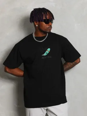 Men's Black Oversize Crew Neck Printed T-Shirt