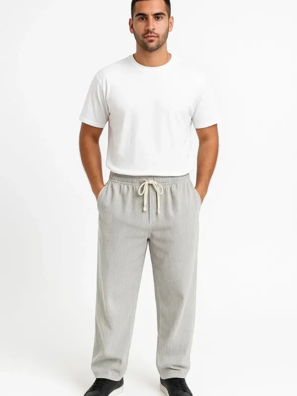 Muške sive oversized pantalone od somota sa rebrima i džepovima 1