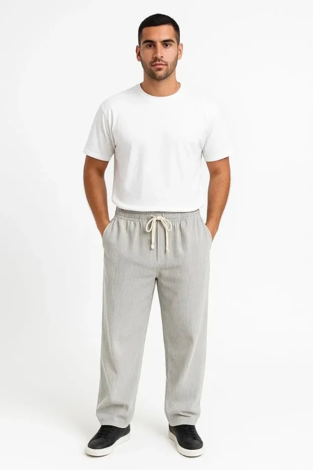 Erkek Gri Oversize Fitilli Kadife Cepli Buggy Pantolon 1