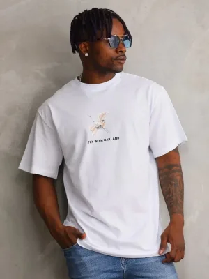 Férfi fehér oversized kerékpárnyakú nyomott póló