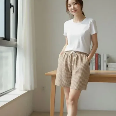 Women's Beige Checkered Elastic Waist Drawstring Pocket Shorts 3