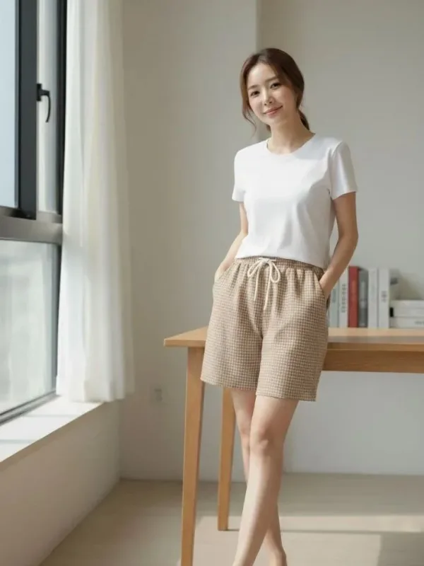 Women's Beige Checkered Elastic Waist Drawstring Pocket Shorts 3