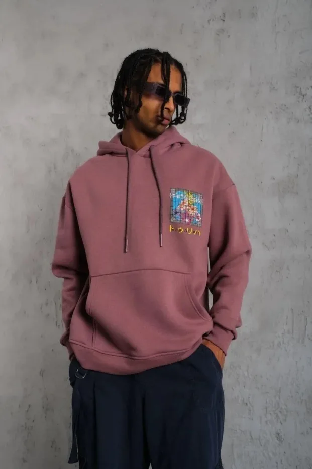 Bărbat Trandafir Uscat Oversize 3 Fire Bumbac Imprimat Glugă Sweatshirt 2