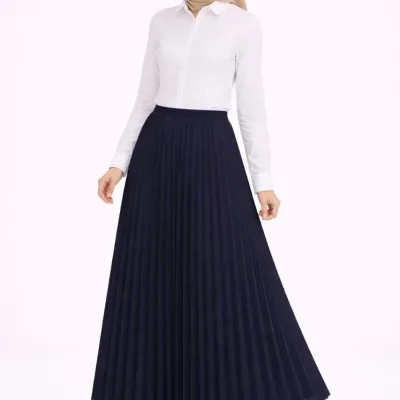 Women's Navy Blue Modest Pleated Skirt White Blouse Two-Piece Set 6