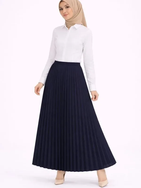 Women's Navy Blue Modest Pleated Skirt White Blouse Two-Piece Set 6