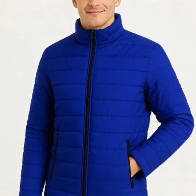 Men's Sax Blue Water-Repellent Quilted Lined Zippered Bomber Jacket 5