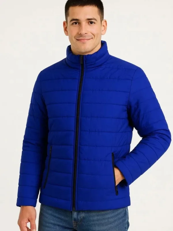 Men's Sax Blue Water-Repellent Quilted Lined Zippered Bomber Jacket 5