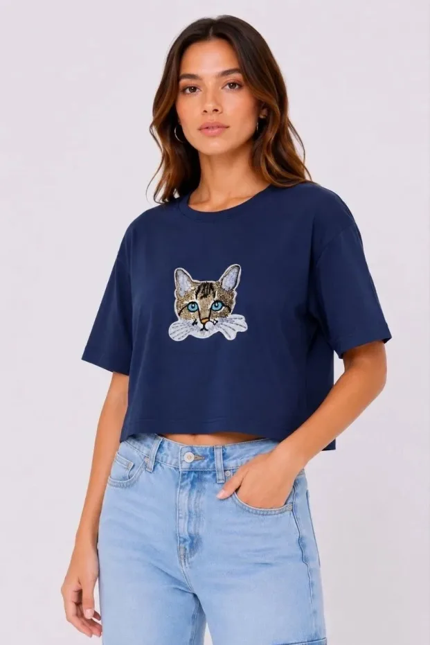 Kadın Lacivert Oversize Kedi Baskılı Yırtmaçlı Crop Tişört 1