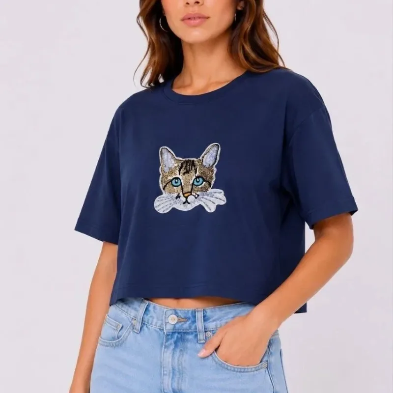 Ženska tamnoplava oversize mačka print crop majica