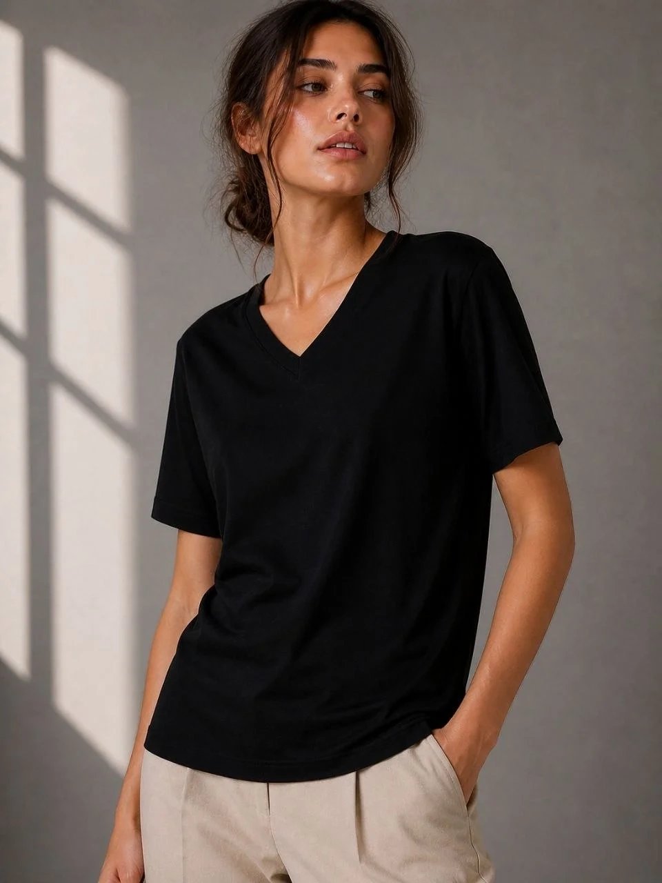Femeie Negru Regular Decolteu V Mânecă Scurtă Tricou Basic 3
