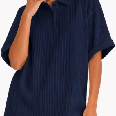 Tünd Göy Oversize Uniseks Pambıq Polo Yaxalı Köynək 2