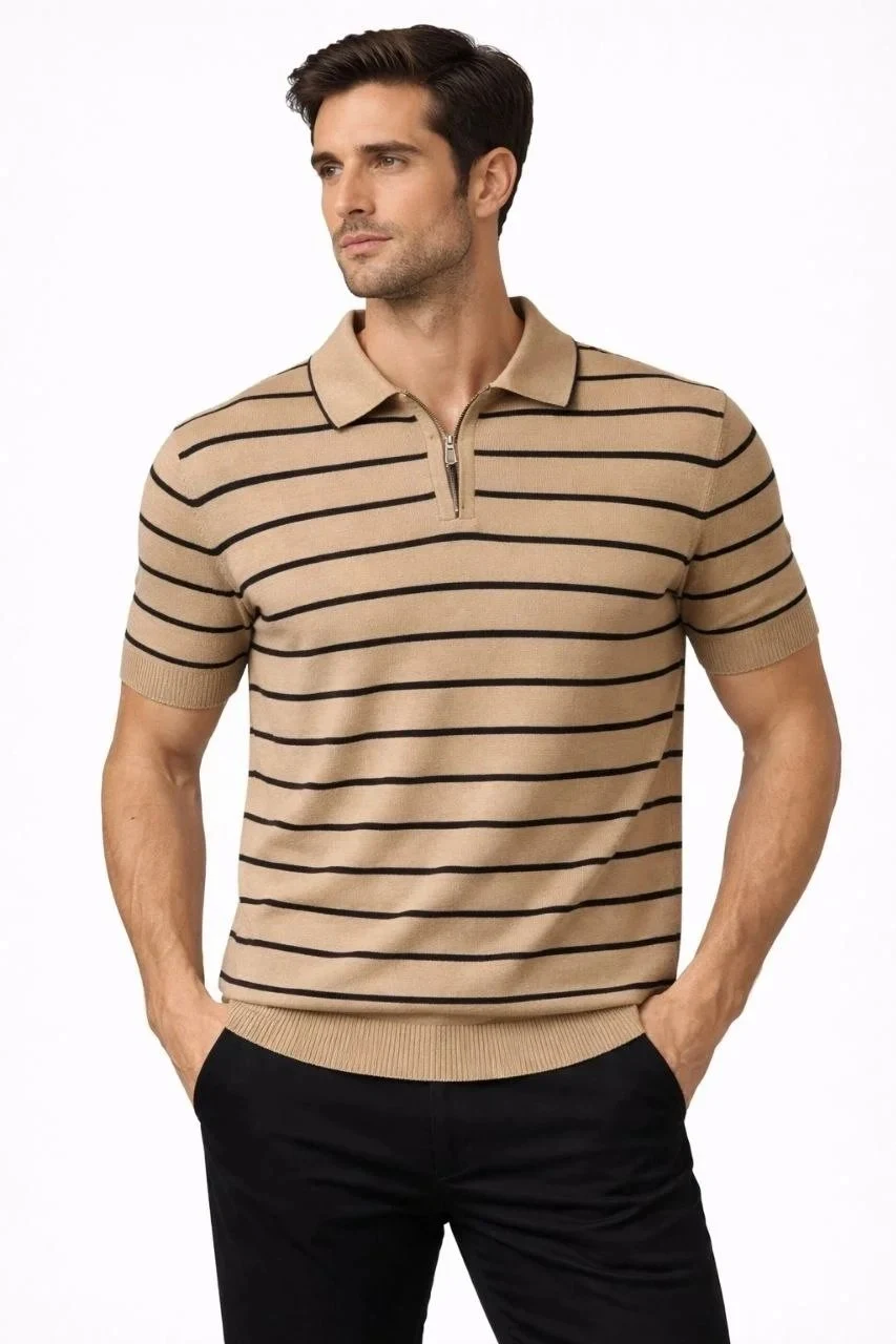 Man Brown Striped Knit Polo Collar Zippered T-Shirt