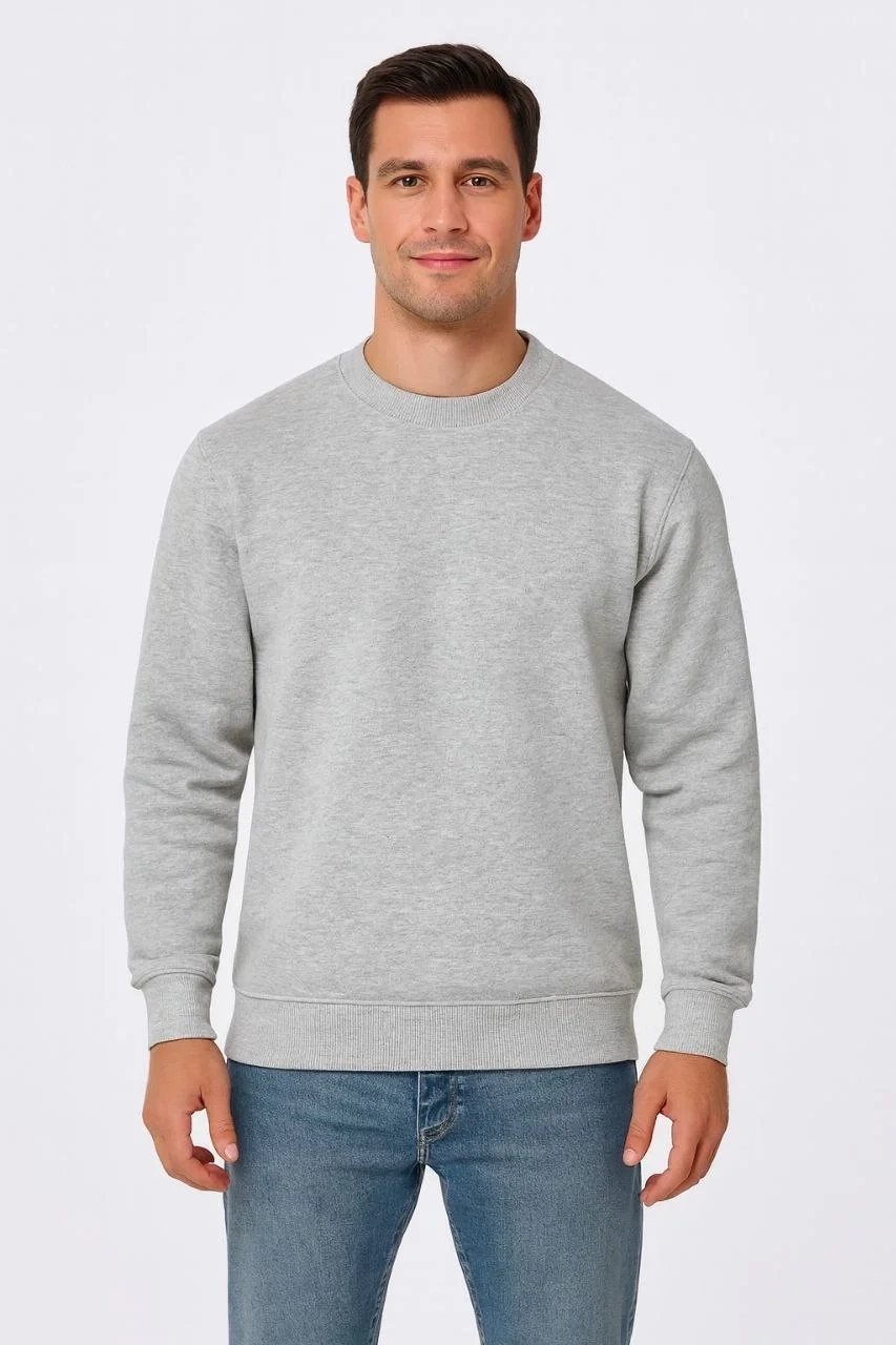 Men's Gray 3-Thread Cotton Plain Crew Neck Sweatshirt 1