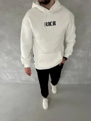 Men's White 3-Thread Cotton Printed Hooded Kangaroo Pocket Sweatshirt
