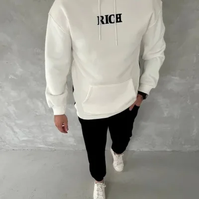 Men's White 3-Thread Cotton Printed Hooded Kangaroo Pocket Sweatshirt 1