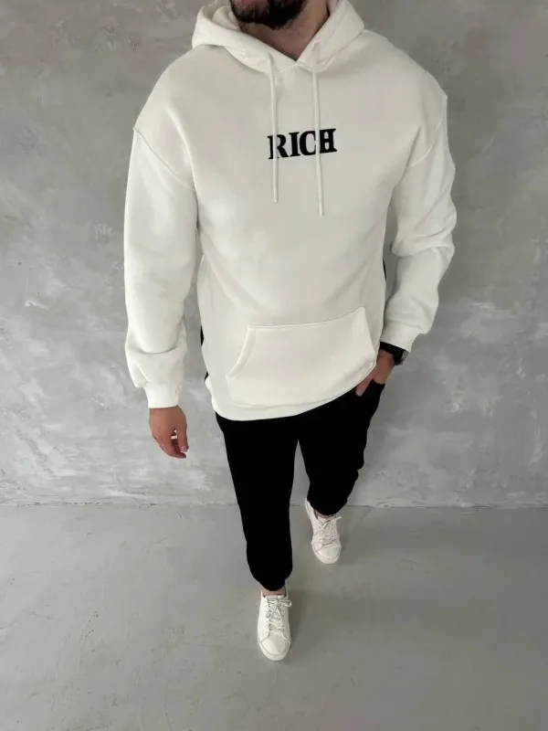 Men's White 3-Thread Cotton Printed Hooded Kangaroo Pocket Sweatshirt 1