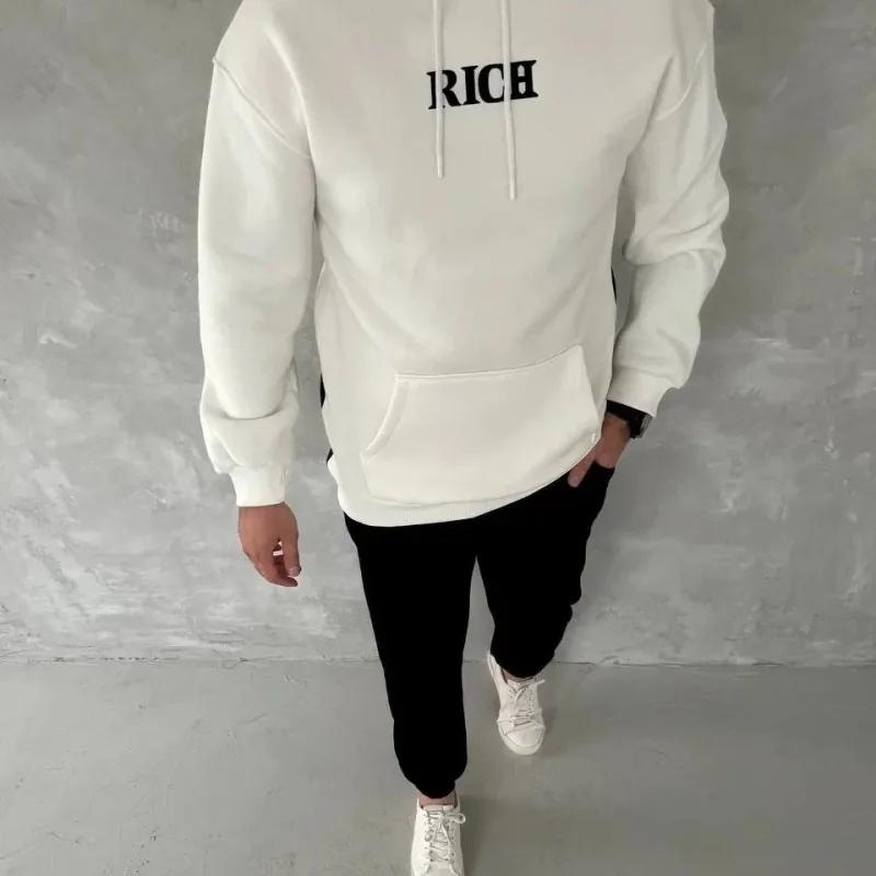Sweatshirtê Spî ê Mêran ê Bi 3 Têlên Pembû, Kêlûk, Berîka Kangurû û Çapkirî
