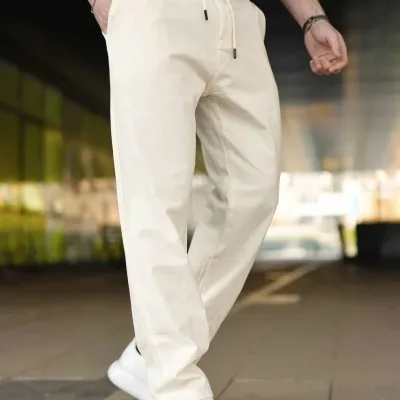 Men's Cream Linen Pants with Pockets, Elastic Waist and Drawstring 4