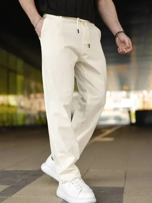 Men's Cream Linen Pants with Pockets, Elastic Waist and Drawstring 4