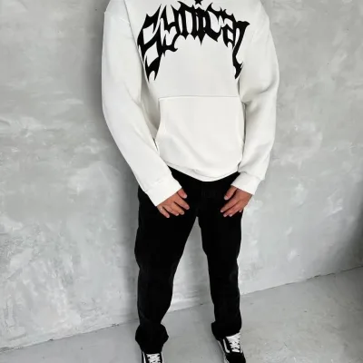 Bărbați Alb Oversize 3 Fire Bumbac Hanorac cu Glugă Imprimat 3