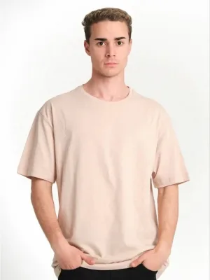 Pánské béžové oversized tričko, cyklistický límec, hladké, krátký rukáv