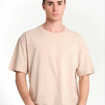 Pánské béžové oversized tričko, cyklistický límec, hladké, krátký rukáv 1