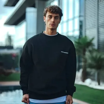 Muški crni oversize bicikli kragna 3 pređe pamučni štampani sweatshirt 3