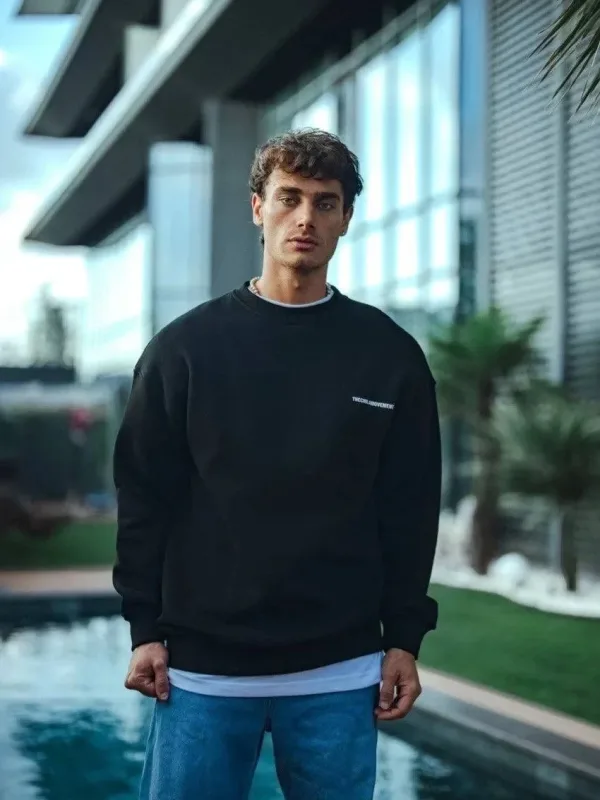 Muški crni oversize bicikli kragna 3 pređe pamučni štampani sweatshirt 3