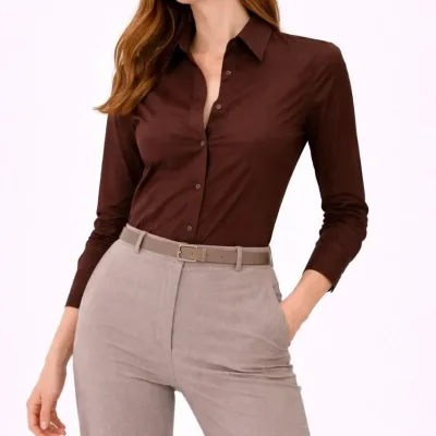 Women's Brown Classic Collar Buttoned Long Sleeve Daily Office Shirt 5