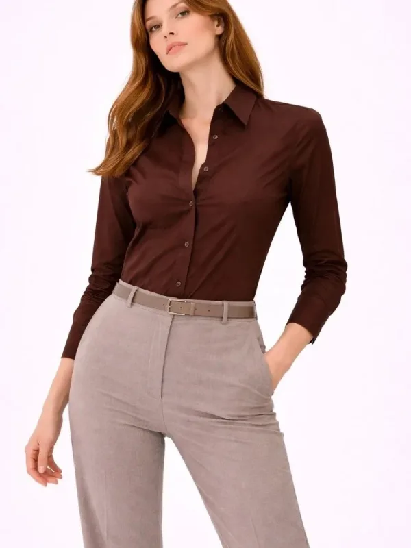 Women's Brown Classic Collar Buttoned Long Sleeve Daily Office Shirt 5