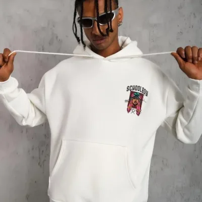 Muški bijeli oversize 3-niti pamučni s kapuljačom tiskani s džepom sweatshirt 2