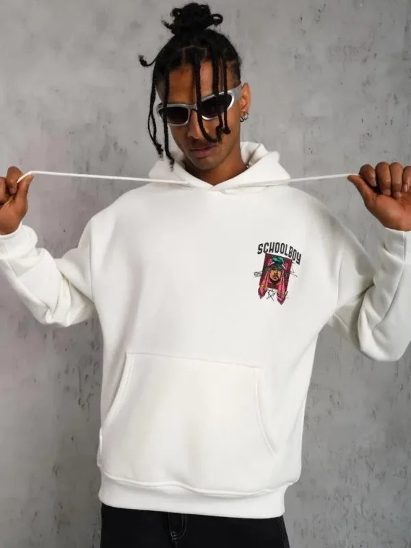 Muški bijeli oversize 3-niti pamučni s kapuljačom tiskani s džepom sweatshirt 2