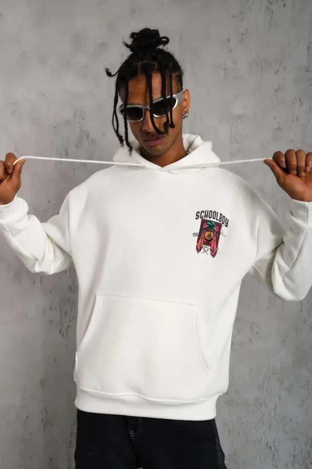 Sweatshirtê Mêran ê Spî ê Oversize yê Bi Kêpik û Berîk, 3 Têl, Pembû, Çapkirî 2