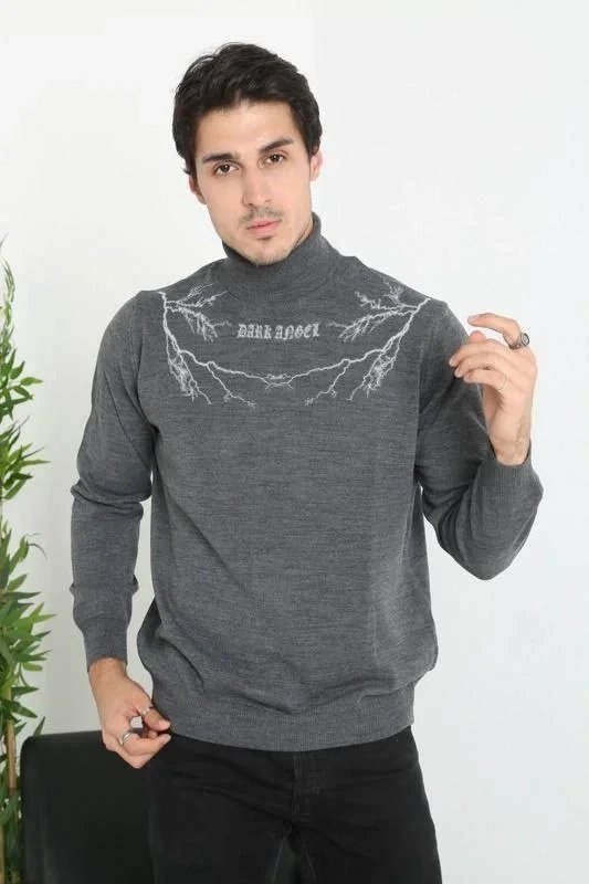 Men's Anthracite Half High Neck Printed Woven Knit Sweater 1