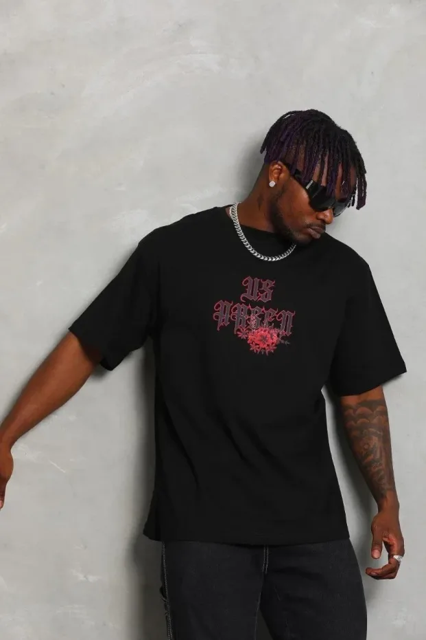 Bărbați Negru Oversize Guler Bicicletă Imprimat Mânecă Scurtă Tricou 3