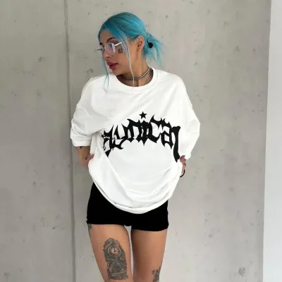 Damski Biały Oversize Rowerowy Kołnierz Nadrukowany Krótki Rękaw T-shirt 2