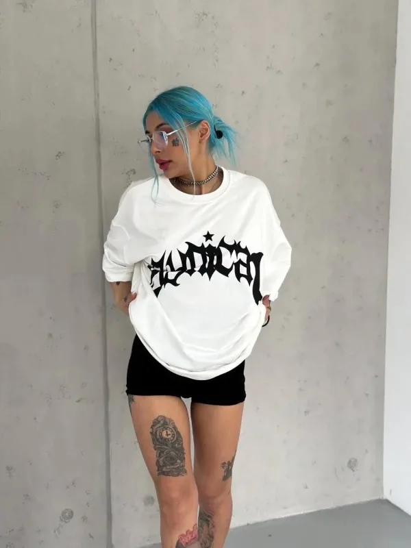 Damski Biały Oversize Rowerowy Kołnierz Nadrukowany Krótki Rękaw T-shirt 2