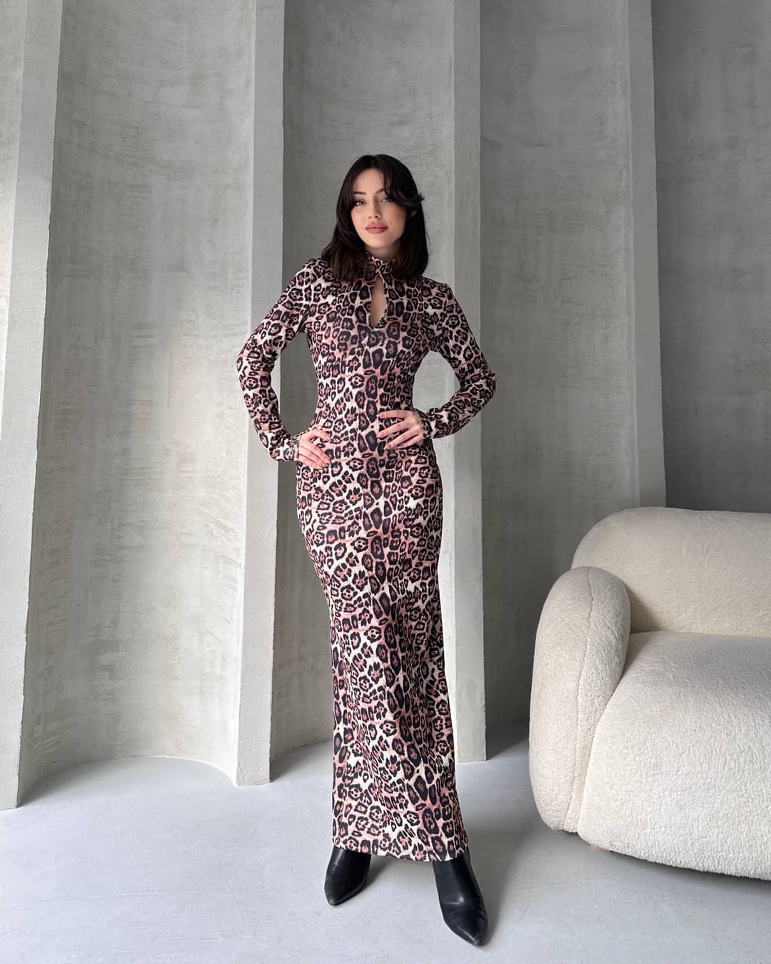 Kiss Neck Maxi Length Patterned Dress Leopard 3