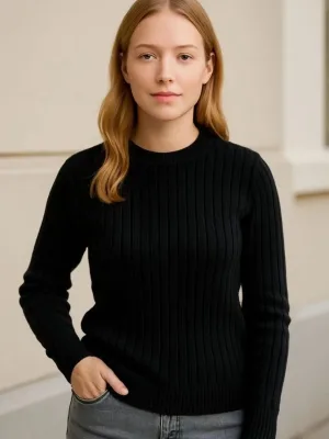 Women Black Regular Fit Ribbed Crew Neck Cotton Knit Sweater