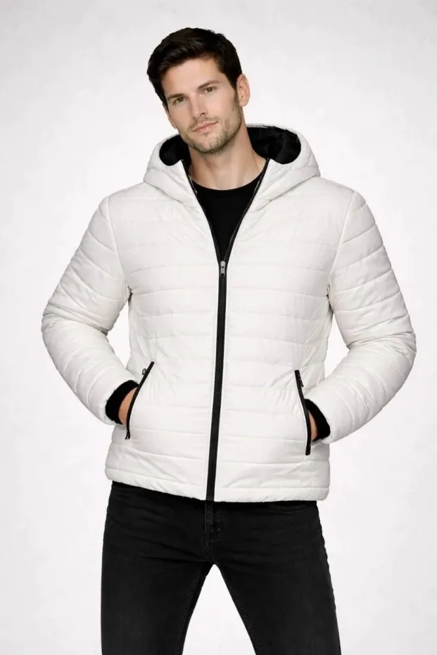Men's Cream Water Repellent Puffer Hooded Zippered Quilted Coat 2