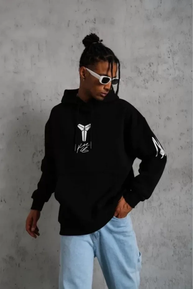 Erkek Siyah Oversize 3 İplik Pamuklu Kapüşonlu Baskılı Sweatshirt 1