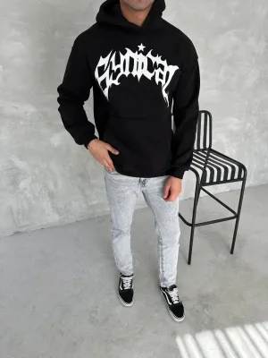 Bărbați Negru Oversize 3 Fire Bumbac Hanorac cu Glugă Imprimat Buzunar