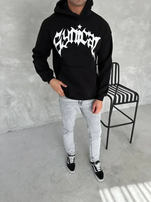 Bărbați Negru Oversize 3 Fire Bumbac Hanorac cu Glugă Imprimat Buzunar 1