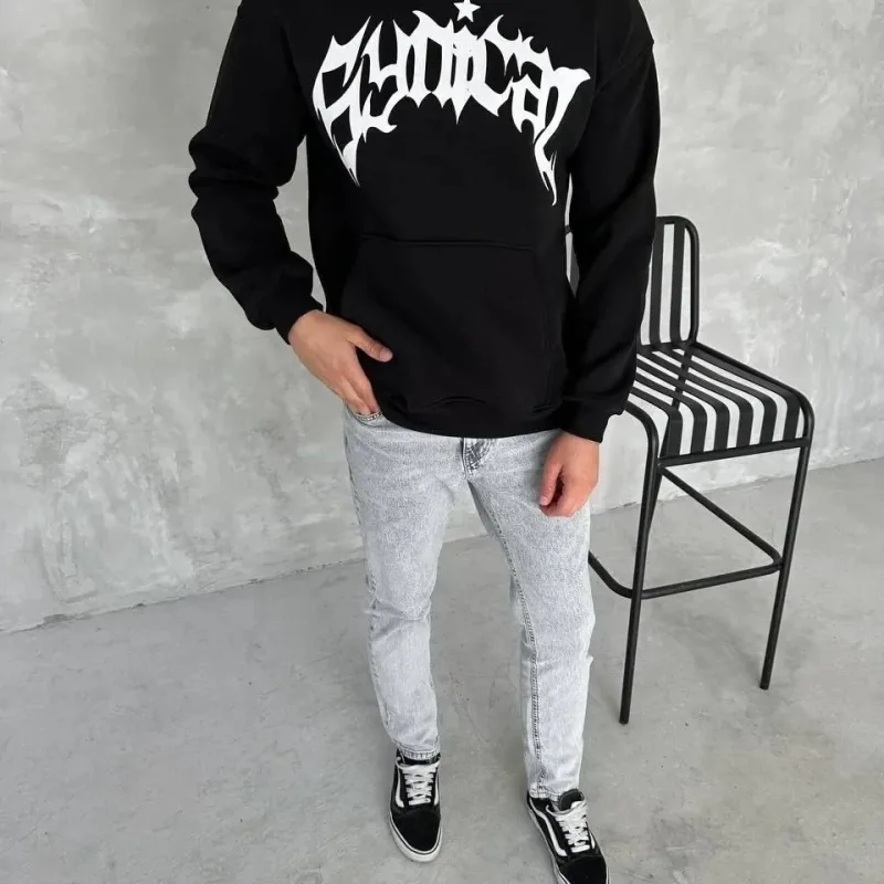 Bărbați Negru Oversize 3 Fire Bumbac Hanorac cu Glugă Imprimat Buzunar
