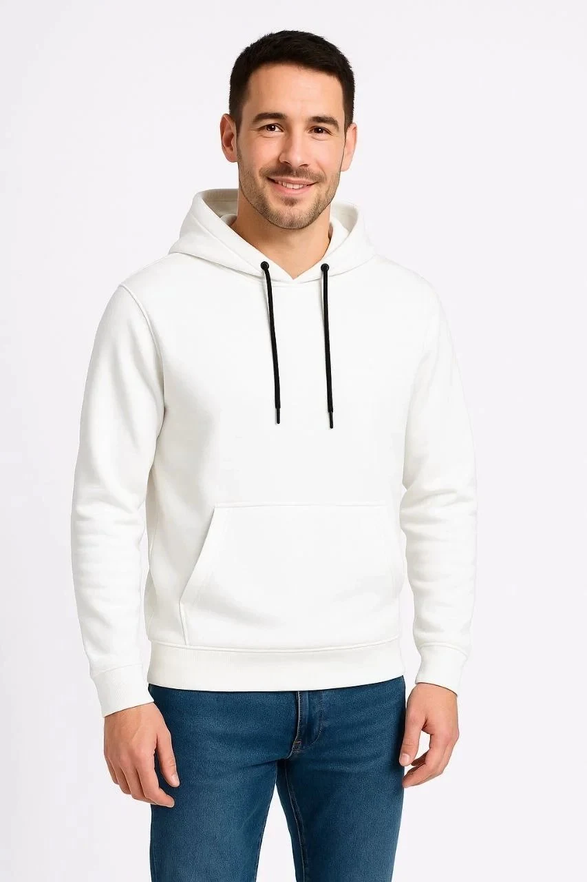 Bărbat Alb 3 Fire Bumbac Glugă Cangur Buzunar Sweatshirt