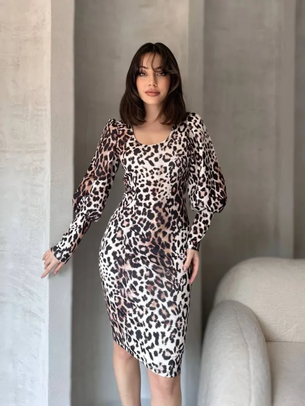 Fustanë Midi me Model Leopardi - Bardhë 2