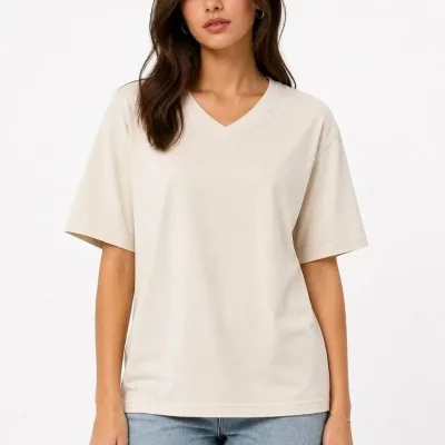 Femeie Bej Regular Decolteu V Mânecă Scurtă Tricou Basic 3
