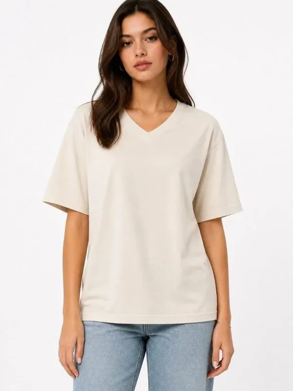 Femeie Bej Regular Decolteu V Mânecă Scurtă Tricou Basic 3