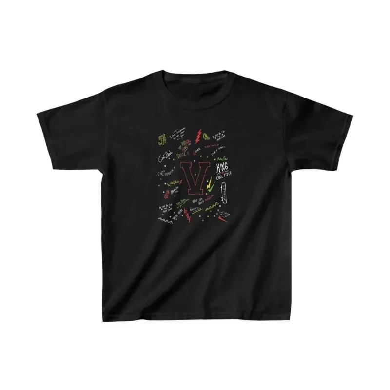 Детски црн печатен кружен јака T-shirt